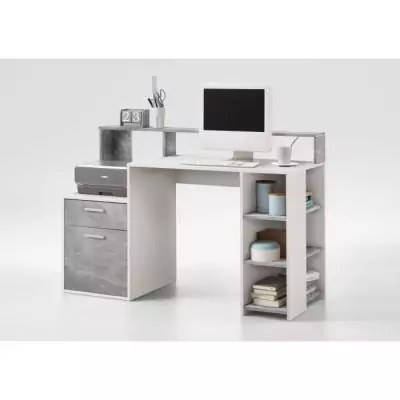 Bureau design avec rangements - Blanc/gris béton - L138,5 x H91,6 x P53,5 cm Bureau design avec rangements - Blanc/gris béton - L138,5 x H91,6 x P53,5 cm
