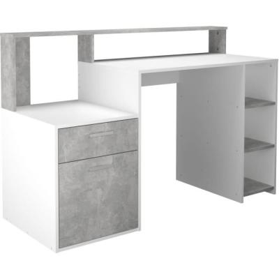 Bureau design avec rangements - Blanc/gris béton - L138,5 x H91,6 x P53,5 cm