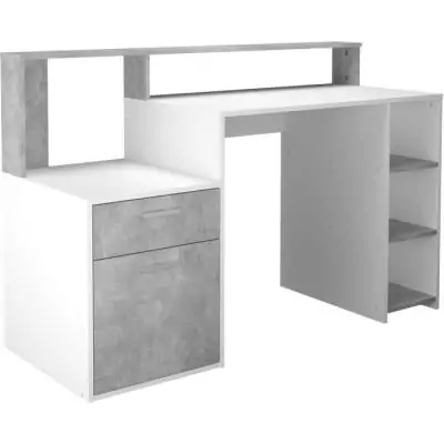 Bureau design avec rangements - Blanc/gris béton - L138,5 x H91,6 x P53,5 cm Bureau design avec rangements - Blanc/gris béton - L138,5 x H91,6 x P53,5 cm