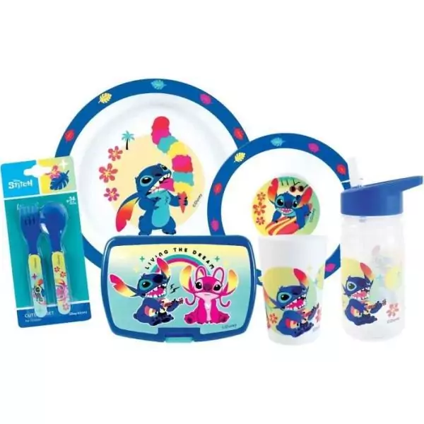Lot vaisselle - FUN HOUSE - LILO ET STITCH Verre, assiette Ø22 cm et Ø16 cm, couverts, gourde et boite goûter