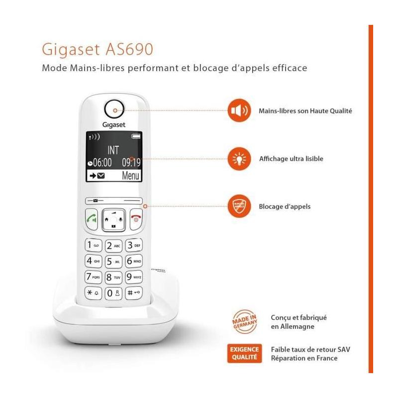 Téléphone Fixe GIGASET AS690 Blanc - Mains-libres performant et blocage d'appels