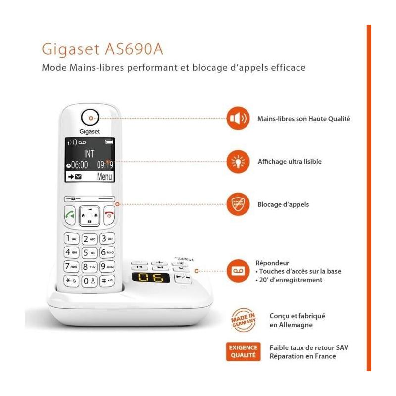 Téléphone Fixe AS690 A Trio Blanc - GIGASET: 20 sonneries - Mains libres