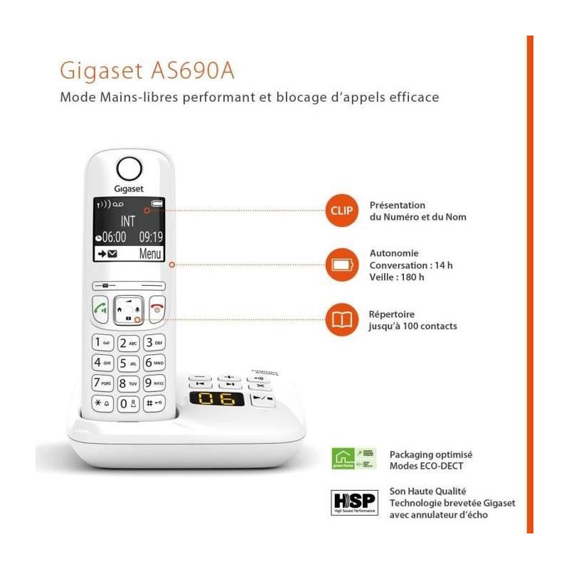 Téléphone Fixe AS690 A Trio Blanc - GIGASET: 20 sonneries - Mains libres