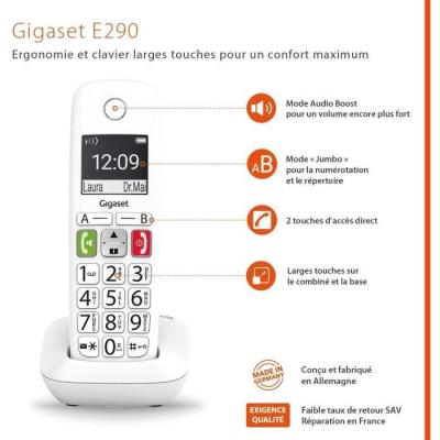 Téléphone Fixe sans Fil - GIGASET E290 Duo Blanc - Son Amplifié