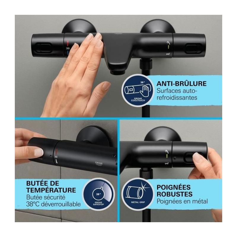 Mitigeur thermostatique bain/douche noir mat GROHE - Économie d'eau
