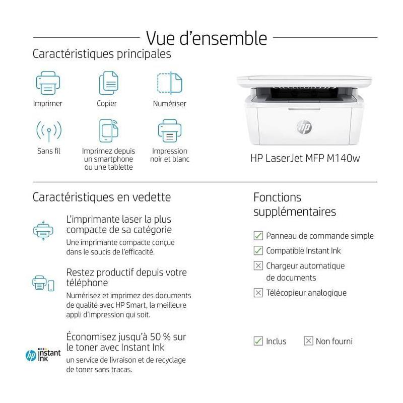 Imprimante multifonction HP LaserJet M140w - Noir et Blanc