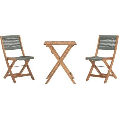 Ensemble bistrot pliable en bois d'acacia FSC avec tressage en corde verte - 2 personnes - MAKENA
