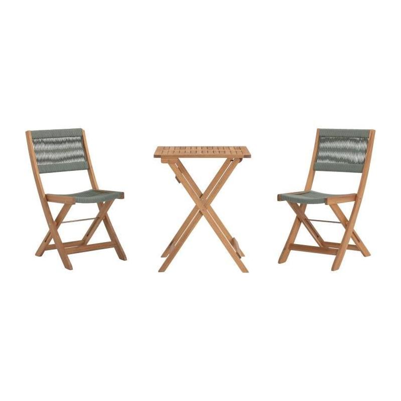 Ensemble bistrot pliable en bois d'acacia FSC avec tressage en corde verte - 2 personnes - MAKENA