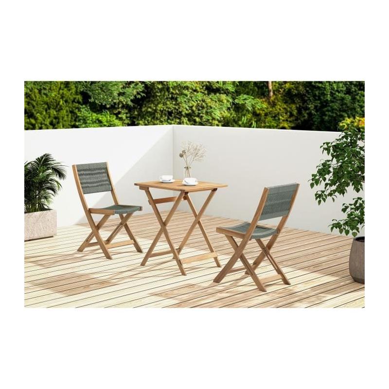 Ensemble bistrot pliable en bois d'acacia FSC avec tressage en corde verte - 2 personnes - MAKENA