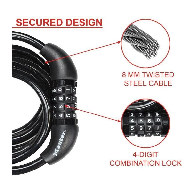 Antivol Vélo MASTER LOCK - Câble torsadé 1,8m - Combinaison programmable