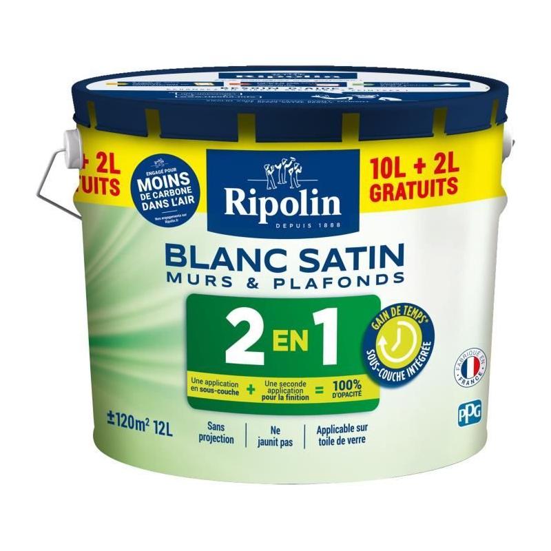Peinture Murs et Plafonds 2 en 1 Blanc Satin Ripolin 10L + 2L gratuits : l'offre parfaite !