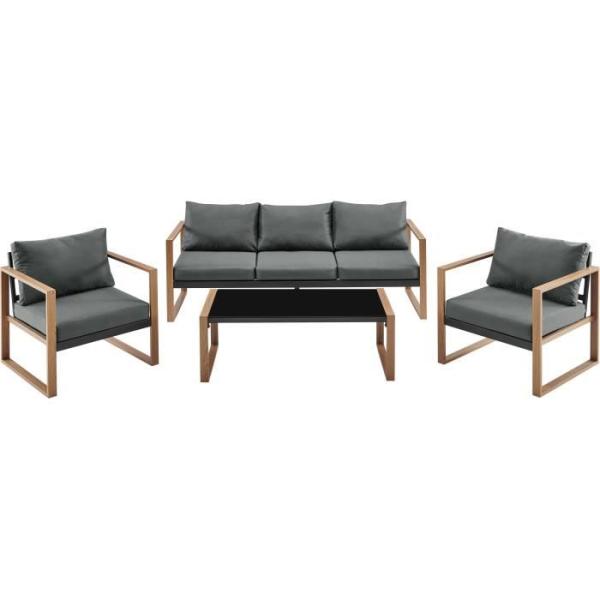 Salon bas de jardin en aluminium effet bois avec coussins - 5 personnes - PUERTO - Gris