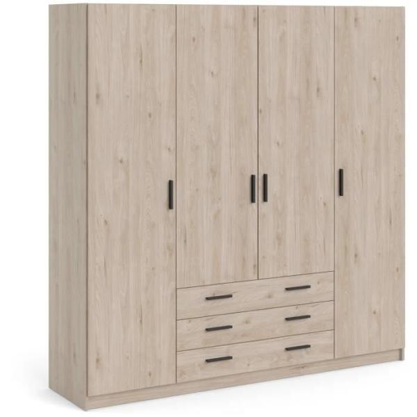 Armoire VEGA - Décor Chene Jackson - 4 portes + 3 tiroirs - L 195,5 x P 49,6 x H 200,4 cm