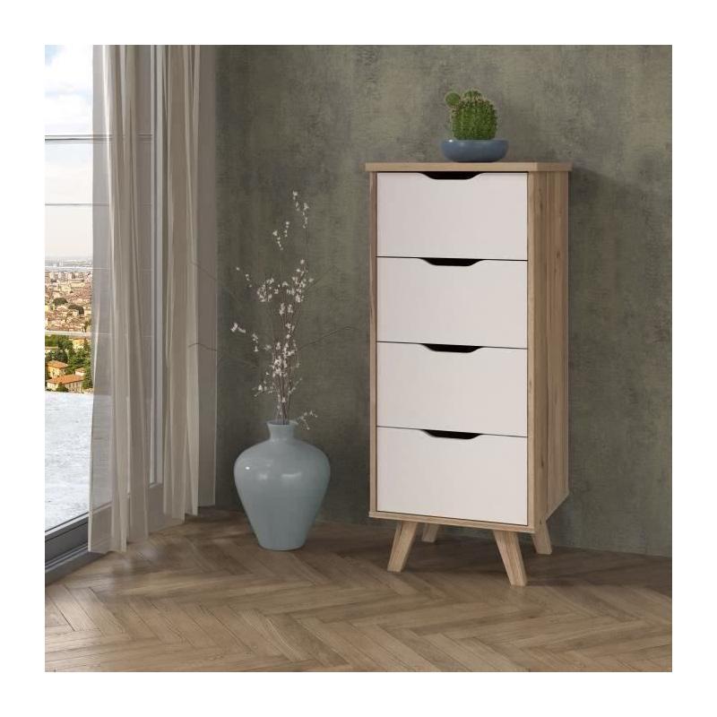 Chiffonnier 4 tiroirs - Décor chêne et blanc - Style contemporain