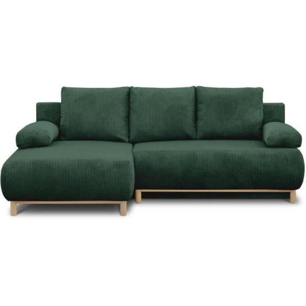 Canapé d'angle gauche convertible - 3 places - MIKA - Tissu velours côtelé vert foncé - Coffre de rangement - 192 x 84 x 93