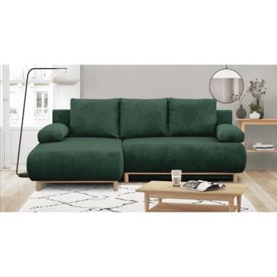 Canapé d'angle gauche convertible MIKA en velours vert foncé - Coffre de rangement