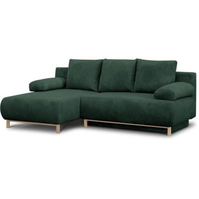 Canapé d'angle gauche convertible MIKA en velours vert foncé - Coffre de rangement