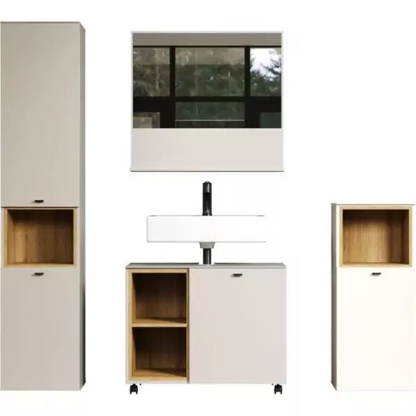 Salle de bain complete - Coloris Cachemire - L180 x H186 x P42 cm - Colonne + Miroir + Meuble sous vasque + rangement bas- SAO P
