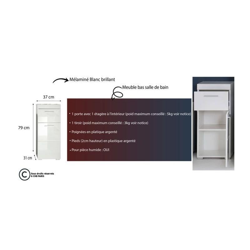 Meuble bas salle de bain blanc L - H - P : 37 - 79 - 31 cm