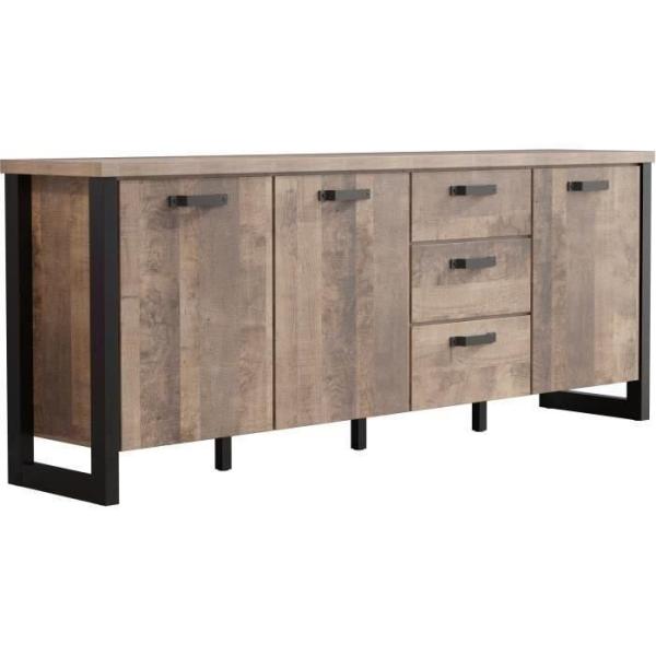 Buffet EMILE - Mélamine chene brun tabac et noir mat - 3 Portes + 3 Tiroirs - L214 x P45 x H86 cm - TRENDTEAM