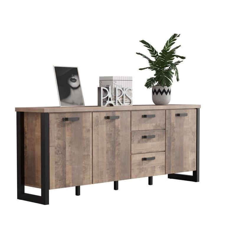 Buffet EMILE: style chic en mélamine chêne brun et noir mat