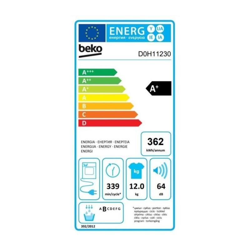 Sèche-linge pompe à chaleur BEKO B300 - 12 kg - L60cm - Blanc