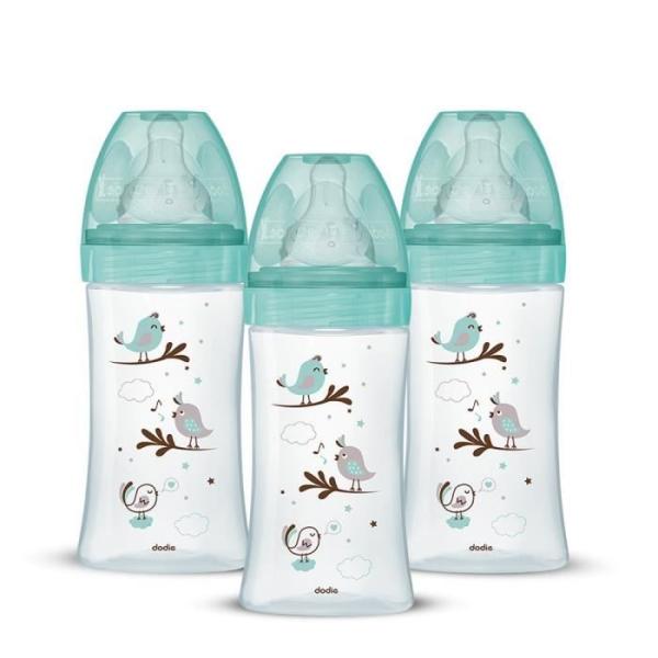 Lot de 3 Biberons DODIE Anti-Colique Initiation+ - Verre - 270ml - 0-6 Mois - Tétine Ronde - Débit 2