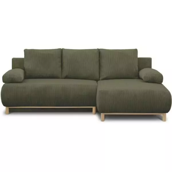 Canapé d'angle droit convertible - 3 places - MIKA - Tissu velours côtelé vert kaki - Coffre de rangement - 192 x 84 x 93 cm