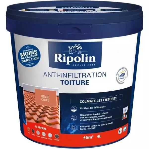 Revetement Anti-Infiltrations Toiture - RIPOLIN - Terre cuite - 4L - Bicouche - Extérieur