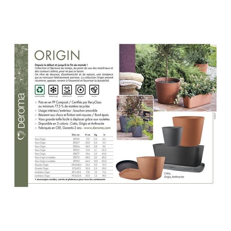 Pot de fleurs carré DEROMA Origin 12 L - Terre cuite