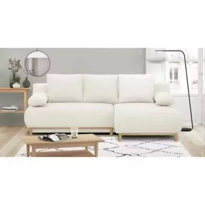 Canapé d'angle droit convertible MIKA - Tissu écru bouclettes Canapé d'angle droit convertible MIKA - Tissu écru bouclettes