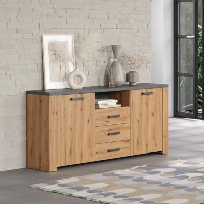 Buffet en Mélamine Chêne Artisan et Gris Ardoise - Style Moderne - L180 x P40 x H83 cm