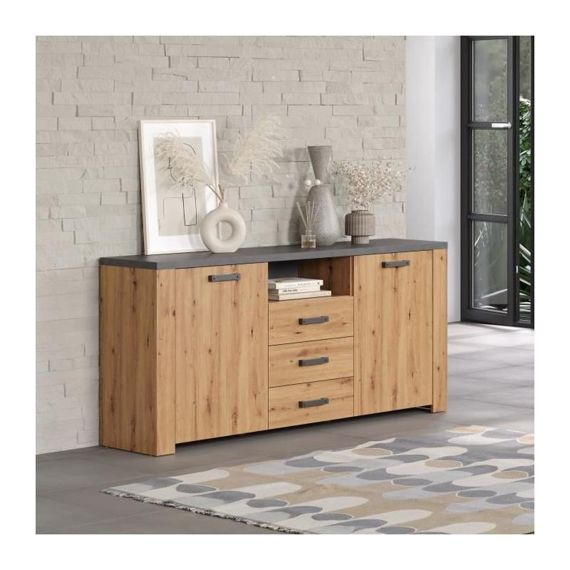 Buffet en Mélamine Chêne Artisan et Gris Ardoise - Style Moderne - L180 x P40 x H83 cm