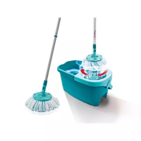 Set lave sol avec seau essoreur Leifheit Clean Twist Disc Mop 52101, balais serpilliere a franges avec manche télescopique, sea