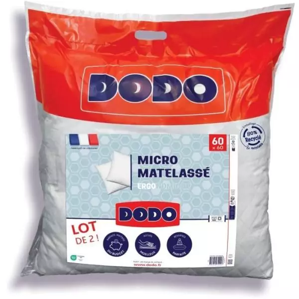 DODO - Lot de 2 oreillers - MICRO MATELASSE - 60 x 60 cm - Blanc