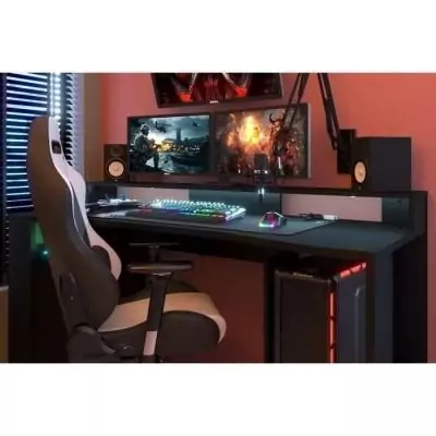 Bureau gaming LED noir - L152 x P61,5 x H86,7 cm - Grande zone de jeu