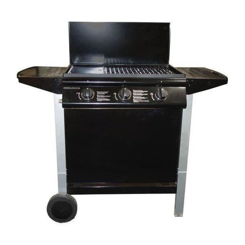 Barbecue Gaz Mixte 3 Brûleurs + Plancha sur Chariot - Fonte Émaillée