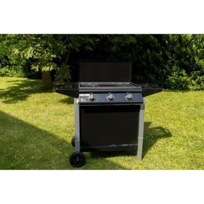 Barbecue Gaz Mixte 3 Brûleurs + Plancha sur Chariot - Fonte Émaillée