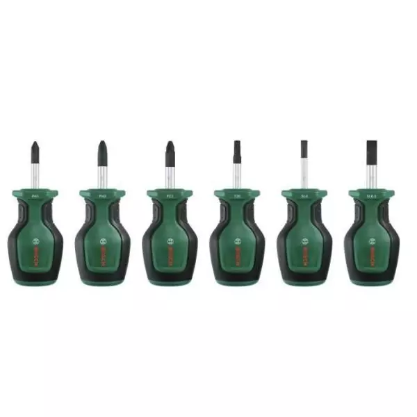 Bosch Set de 6 tournevis courts (pour endroits restreints PH/PZ/TX/Plat acier S2 couple élevé embout magnétique)