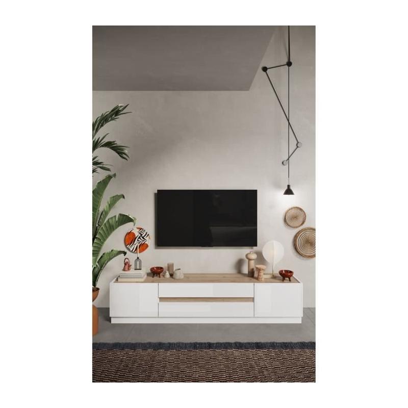 Meuble TV FIRENZE: Design Blanc laqué & Chene Cadiz
