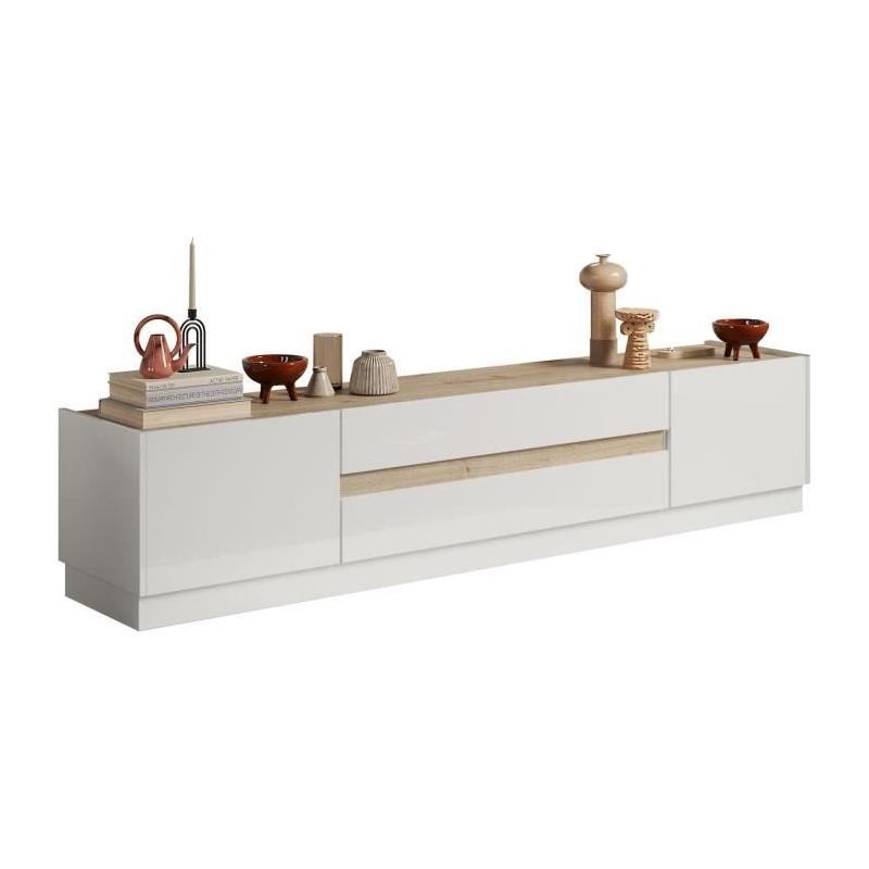 Meuble TV FIRENZE: Design Blanc laqué & Chene Cadiz