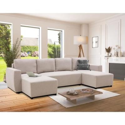 Canapé d'angle convertible panoramique PHARELL beige - 5/6 places, coffre de rangement