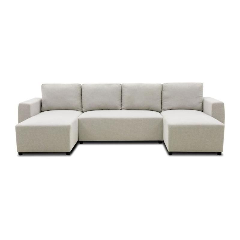 Canapé d'angle convertible panoramique PHARELL beige - 5/6 places, coffre de rangement