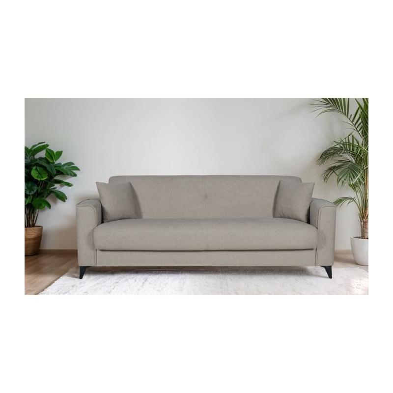 Canapé convertible 3 places BERGAMO - Tissu beige - Coffre de rangement