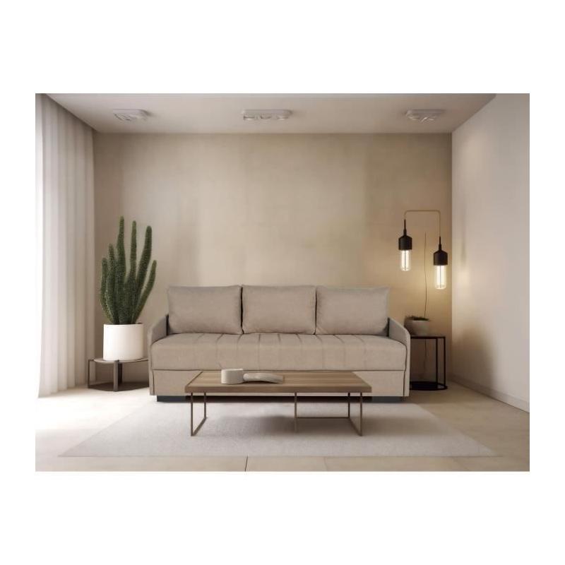 Canapé convertible 3 places BETTA - Tissu beige - Avec coffre de rangement