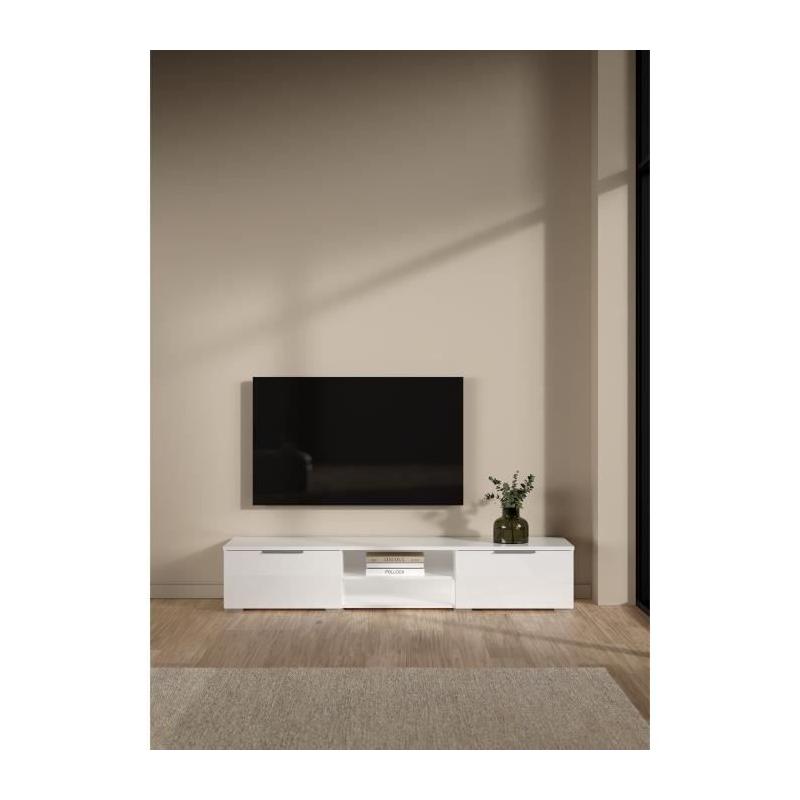 Meuble TV moderne blanc laqué brillant - 2 tiroirs, une niche