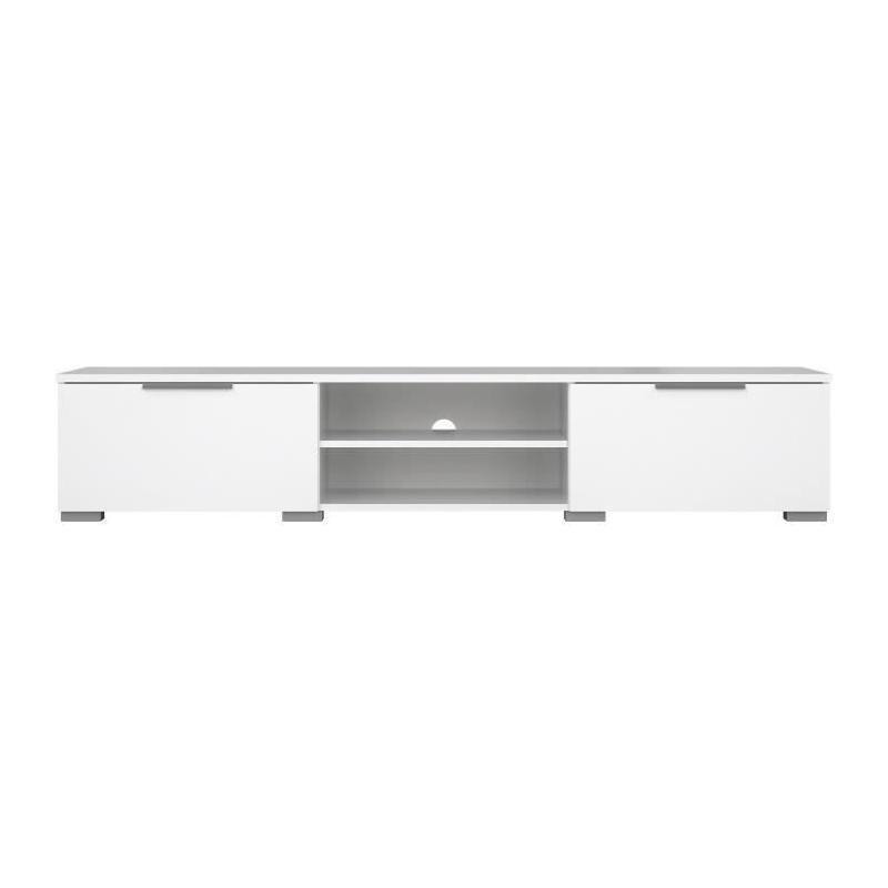 Meuble TV moderne blanc laqué brillant - 2 tiroirs, une niche