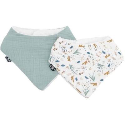 Lot x2 bavoirs bandana Domiva - Mousseline Celadon - Imprimé au fil de l'eau