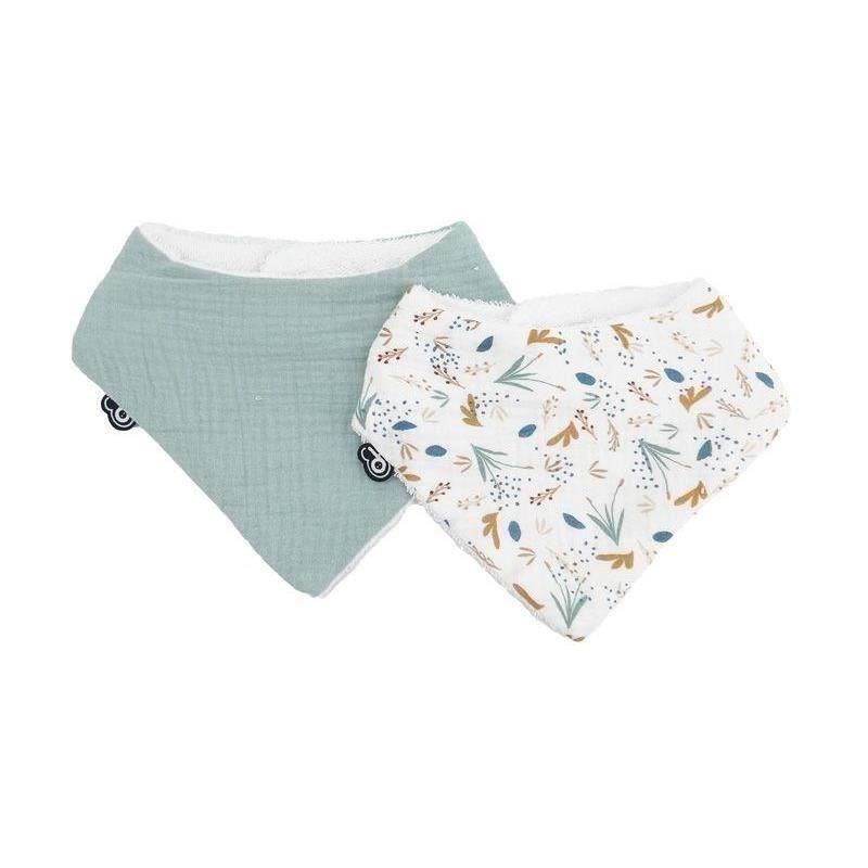 Lot x2 bavoirs bandana Domiva - Mousseline Celadon - Imprimé au fil de l'eau
