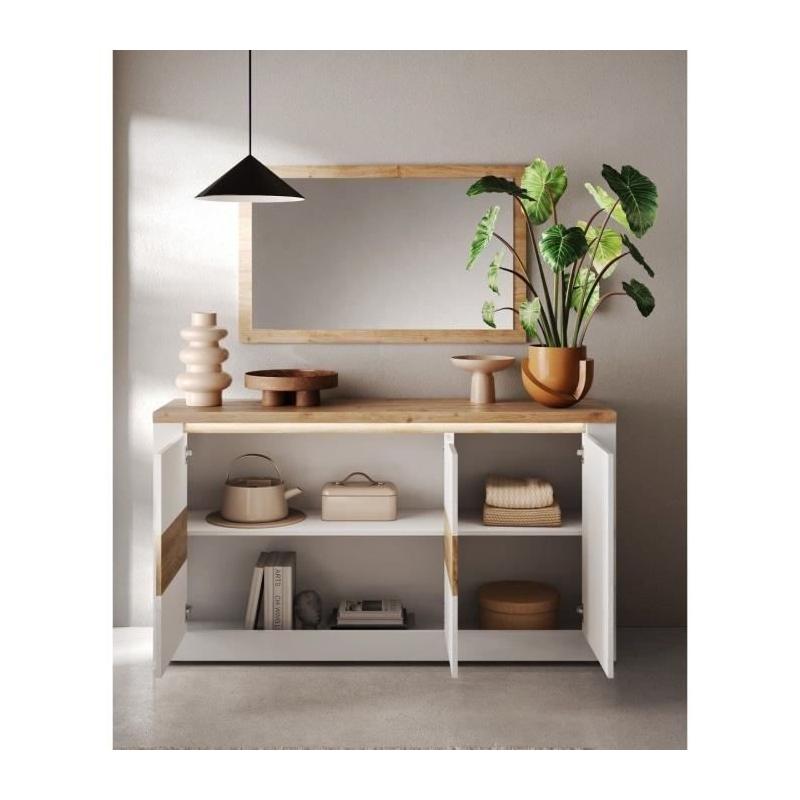 Buffet élégant IMOLA Blanc laqué/Chêne Clair LED - 160 x 43 x 88 cm